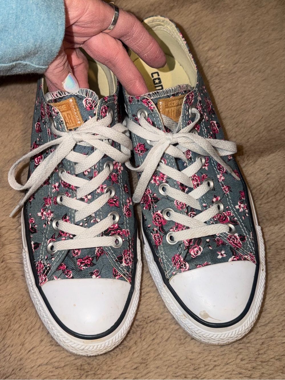 Converse Floral Low Top Sneakers in Gray with Pink Roses